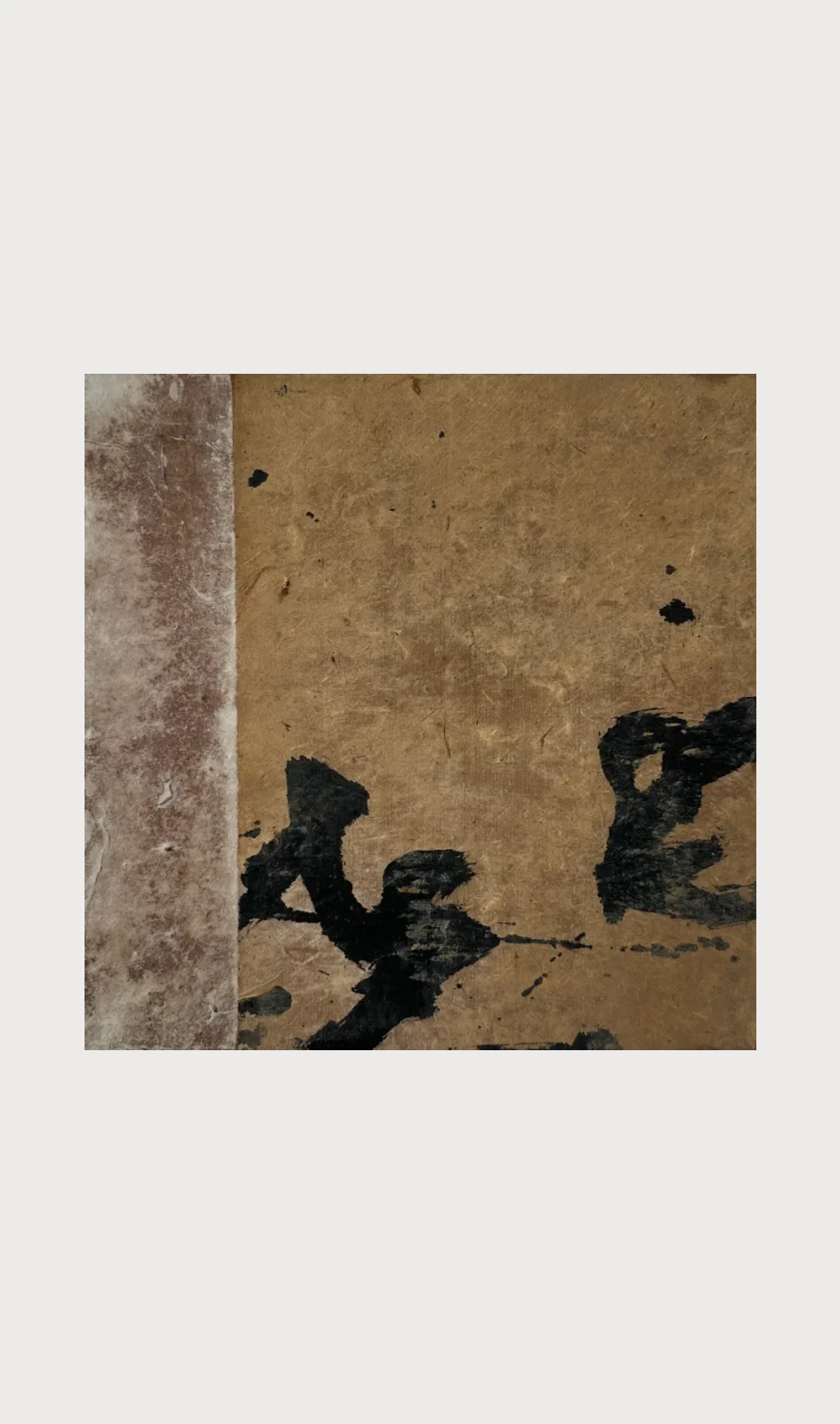 Untitled (GES#3) by Alexandra Yan Wong, a square work with a pale pink paper strip beside ochre clay marked with black brushstrokes