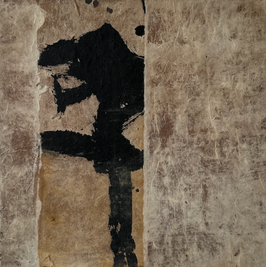 Untitled (GES#4) by Alexandra Yan Wong, a square work with a bold black brush figure between strips of pale handmade paper