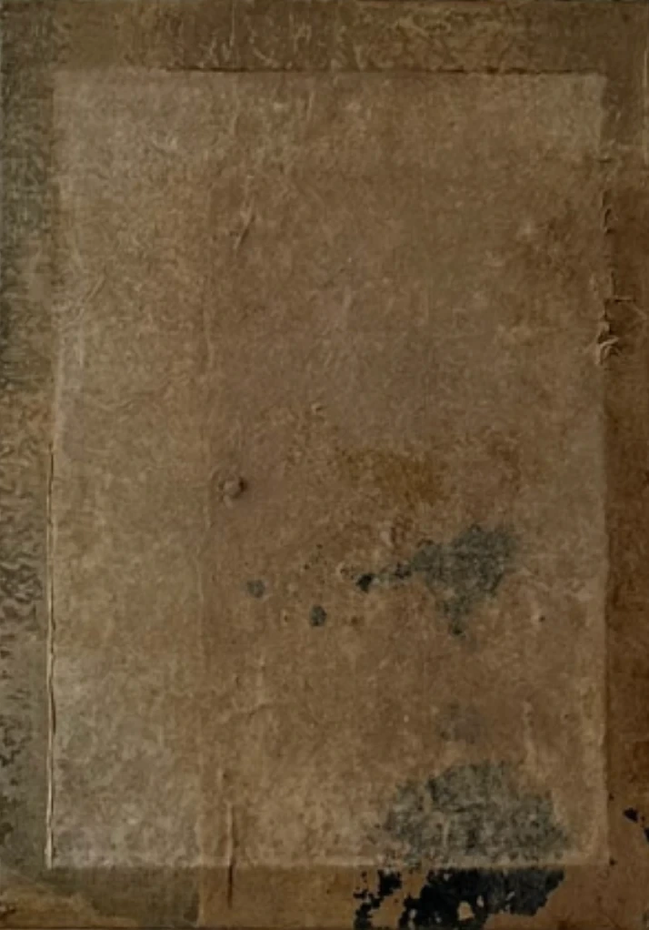 Untitled (GES#6) by Alexandra Yan Wong, a pale ochre rectangle of clay and paper inside a darker border with faint grey marks