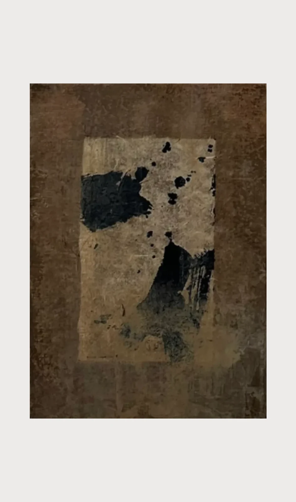 Untitled (GES#7) by Alexandra Yan Wong, a pale paper panel splashed with black inside a warm brown border