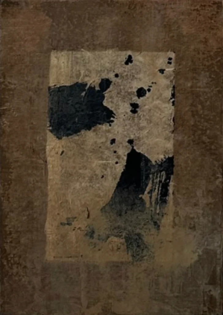 Untitled (GES#7) by Alexandra Yan Wong, a pale paper panel splashed with black inside a warm brown border