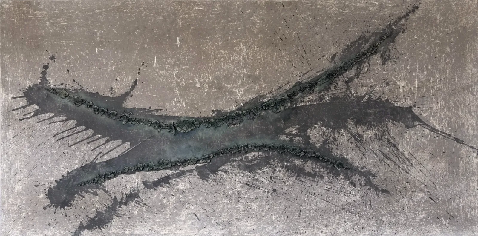Unearthing Series #2 by Eleanor Herbosch, a wide canvas of pale earth tones crossed by two ridges of raised grey clay with dark splashes