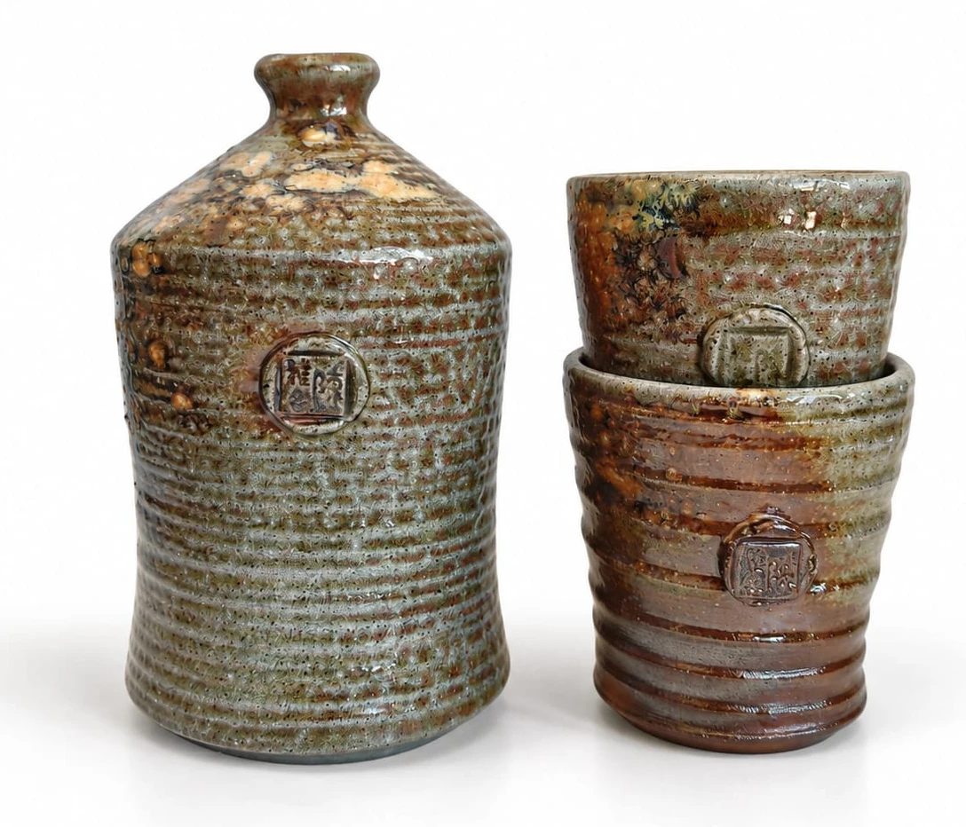 Sake Set #1 by Jacob Chan, a waisted green and rust soda-fired bottle beside two stacked ribbed cups